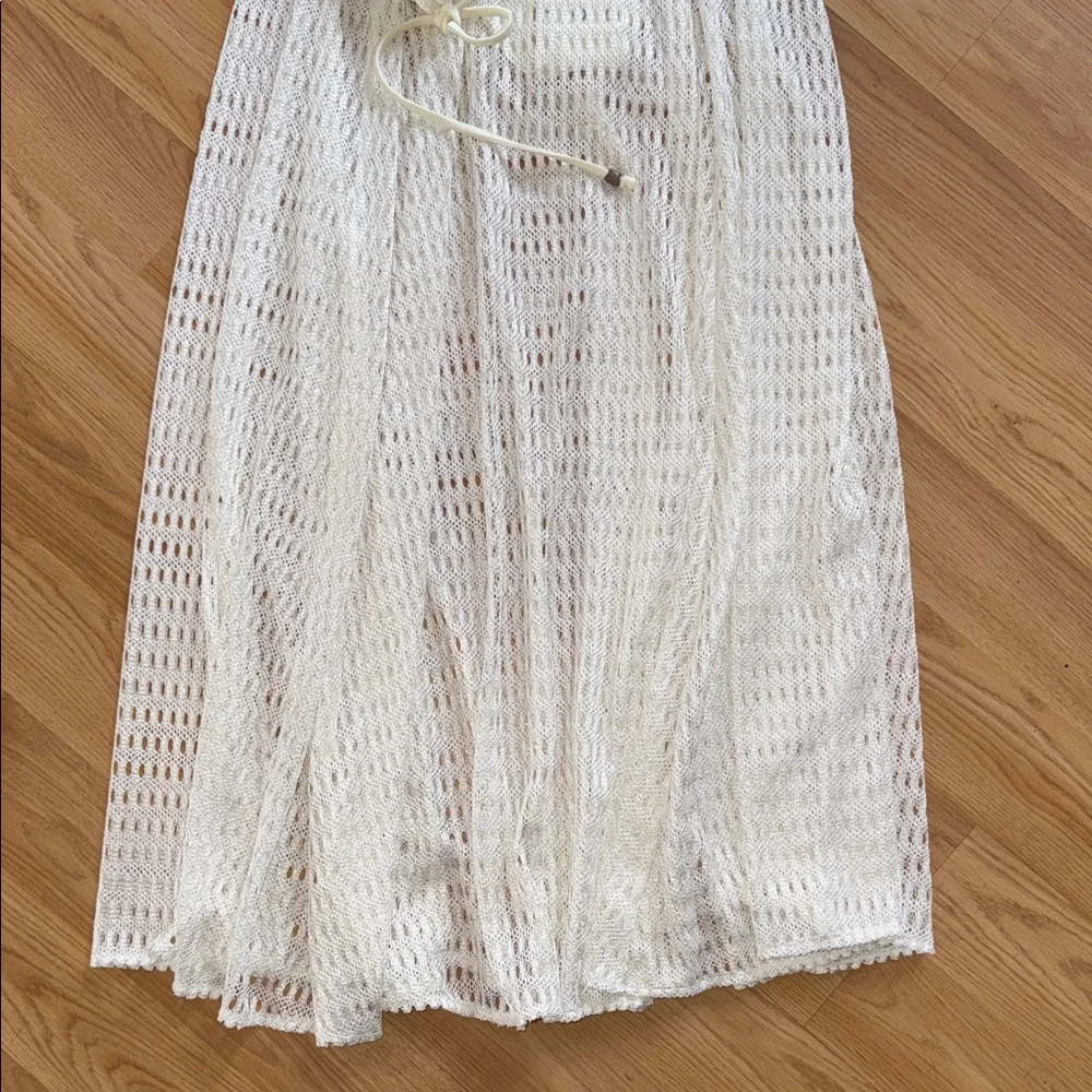 PatBO Plunge Long Sleeve Beach Dress Ivory Lace Mesh Dress Seashell Medium - Picture 5 of 11